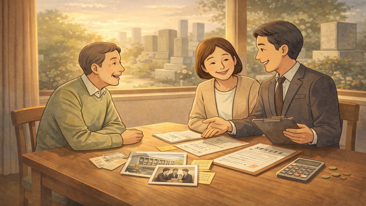 墓じまい業者と相談する家族